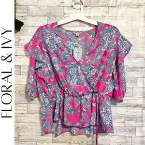 FLORAL & IVY Pink & Blue Floral Paisley Blouse, L, NWT!
